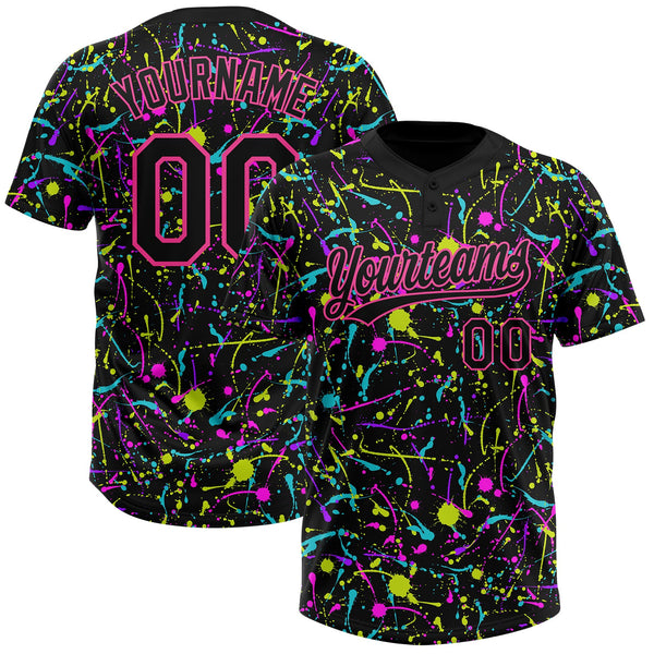 Custom Graffiti Pattern Black-Pink Vibrant Multi-Color Abstract Splatter Two-Button Unisex Softball Jersey