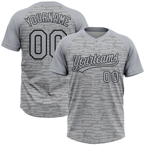 Custom Gray-Black Raglan Sleeves Distressed Fragment Brush Stroke Two-Button Unisex Softball Jersey