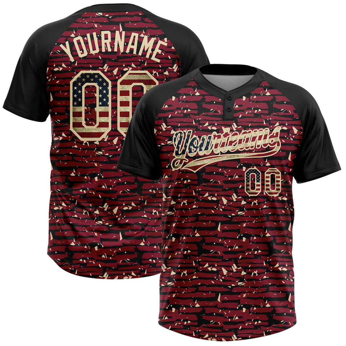 Custom Crimson Vintage USA Flag Black-Cream Raglan Sleeves Distressed Fragment Brush Stroke Two-Button Unisex Softball Jersey