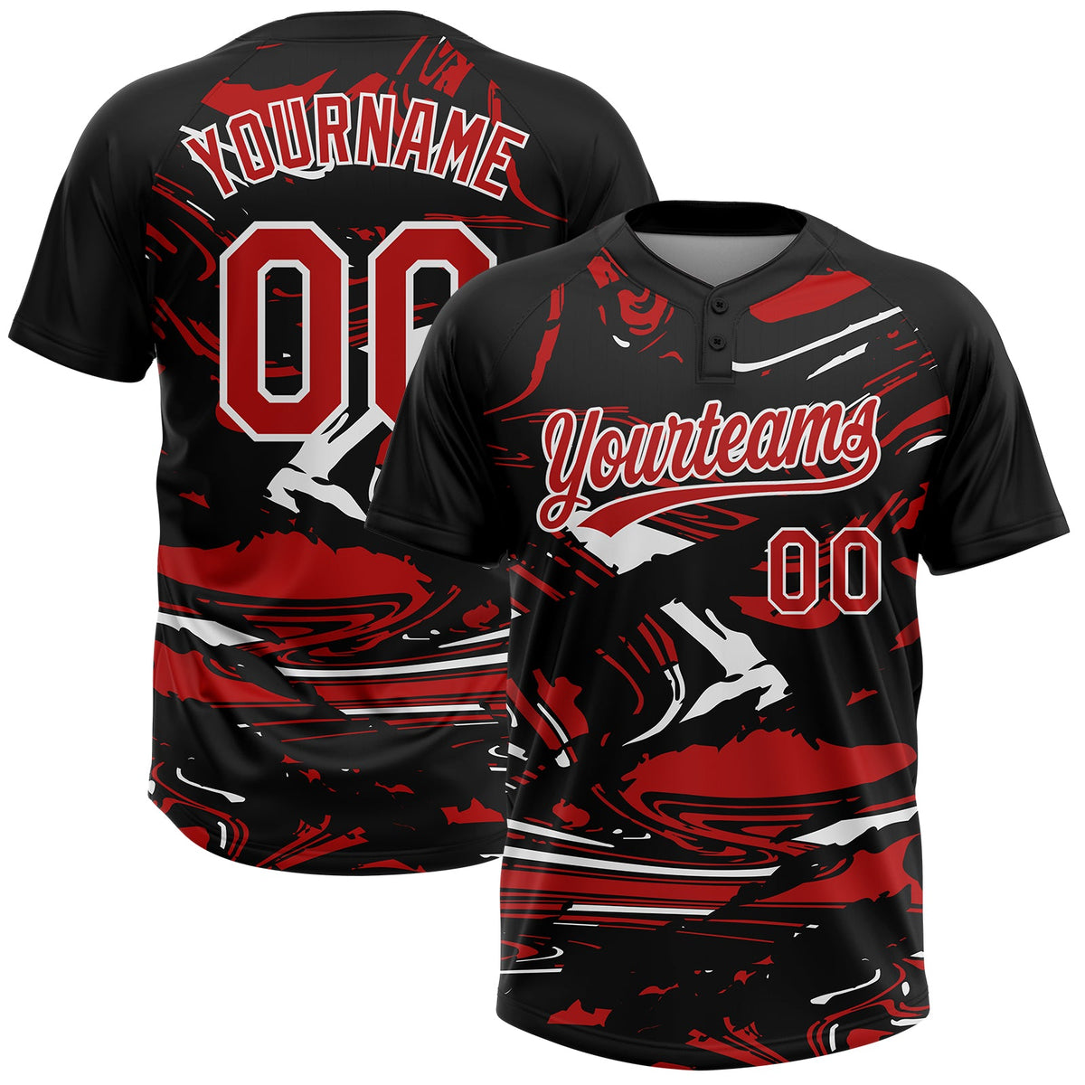 Custom Black Red-White Raglan Sleeves Abstract Fluid Marble Two-Button Unisex Softball Jersey