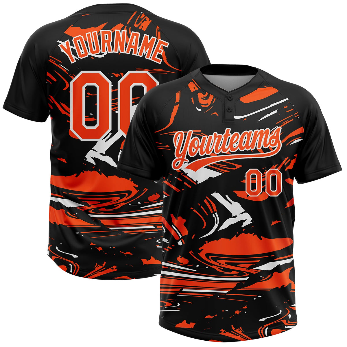 Custom Black Orange-White Raglan Sleeves Abstract Fluid Marble Two-Button Unisex Softball Jersey