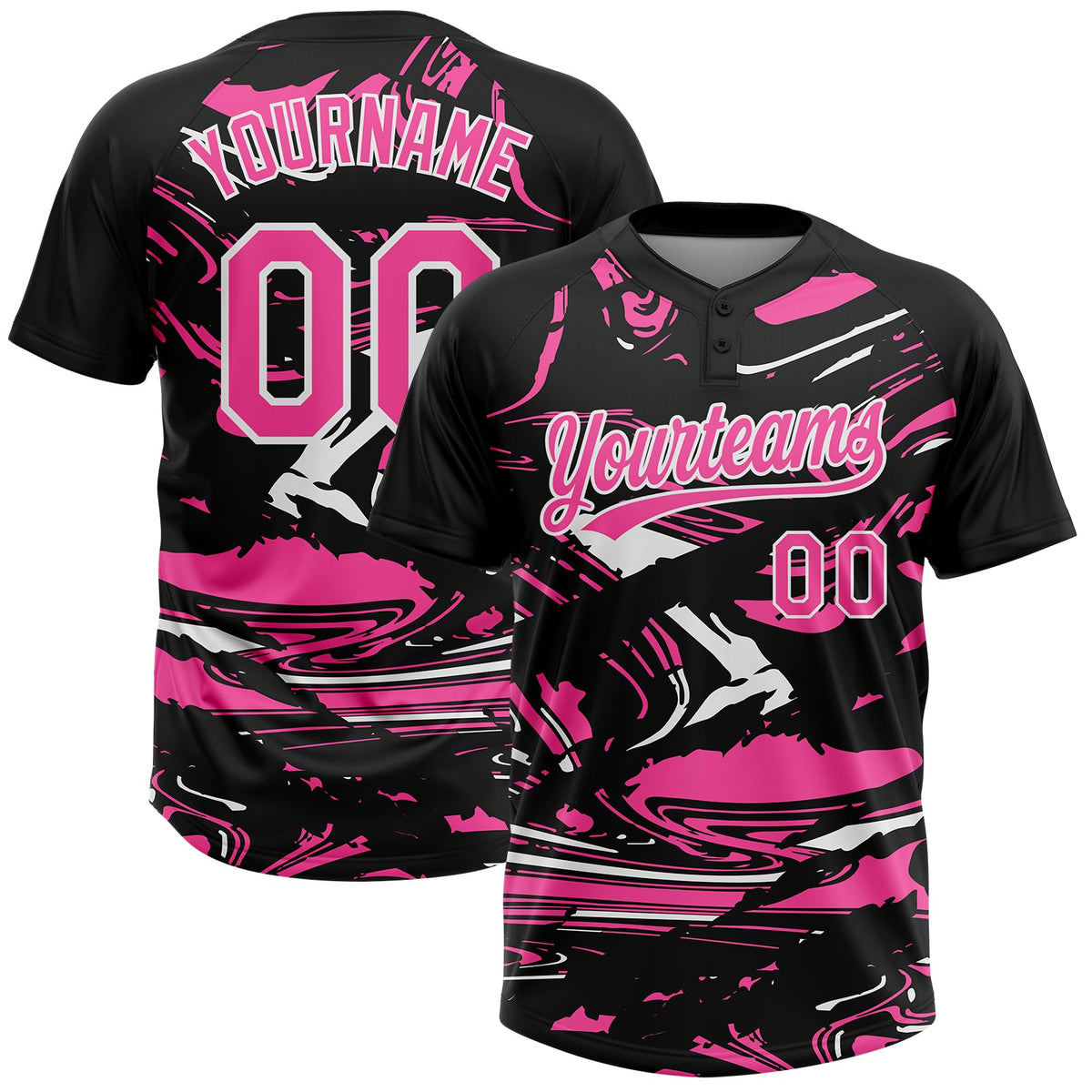 Custom Black Pink-White Raglan Sleeves Abstract Fluid Marble Two-Button Unisex Softball Jersey