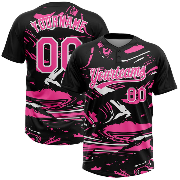 Custom Black Pink-White Raglan Sleeves Abstract Fluid Marble Two-Button Unisex Softball Jersey