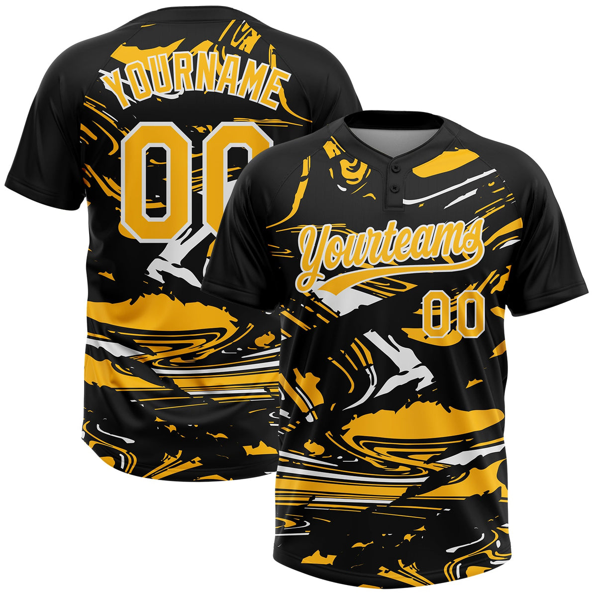 Custom Black Gold-White Raglan Sleeves Abstract Fluid Marble Two-Button Unisex Softball Jersey