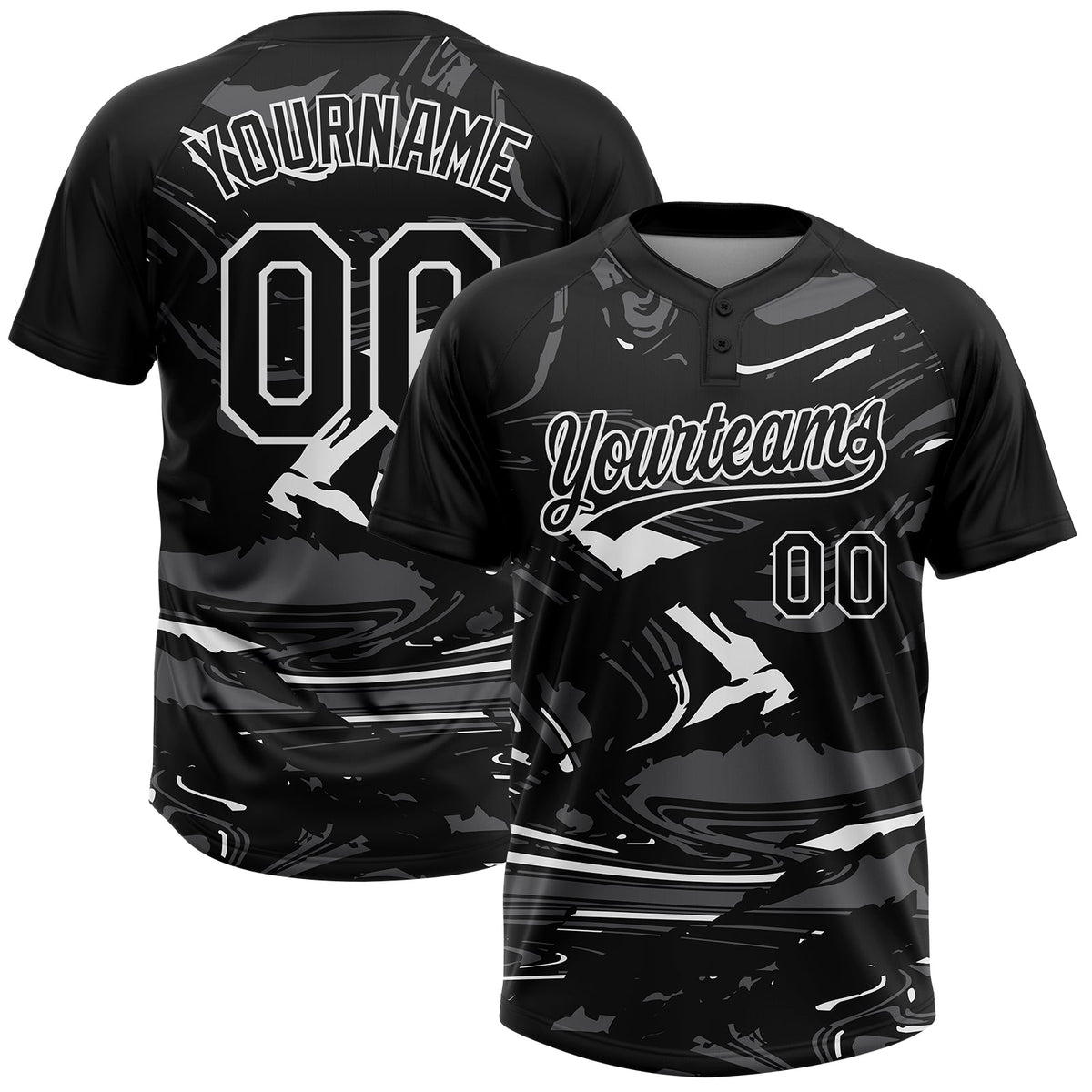 Custom Black Steel Gray-White Raglan Sleeves Abstract Fluid Marble Two-Button Unisex Softball Jersey