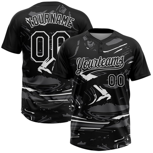 Custom Black Steel Gray-White Raglan Sleeves Abstract Fluid Marble Two-Button Unisex Softball Jersey