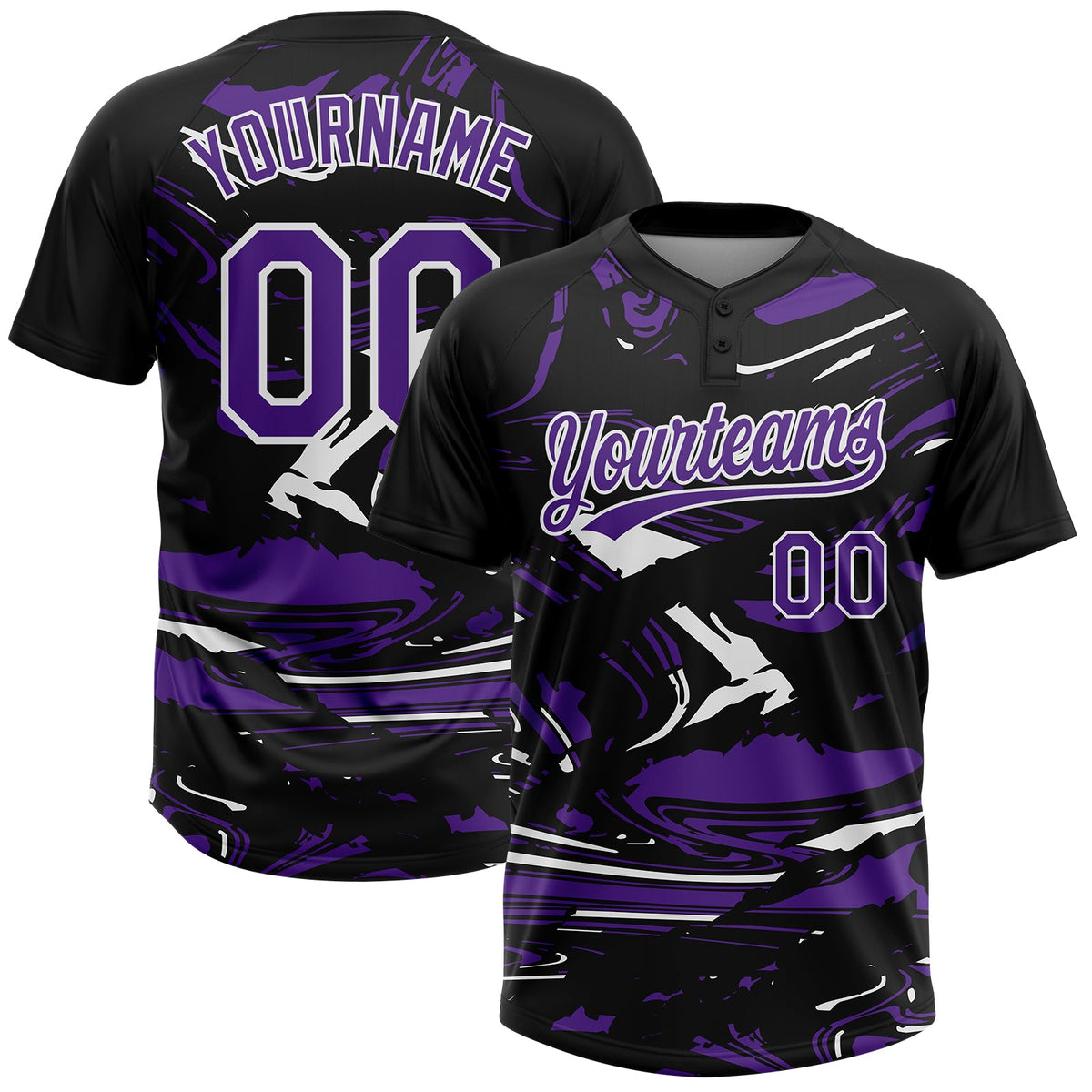 Custom Black Purple-White Raglan Sleeves Abstract Fluid Marble Two-Button Unisex Softball Jersey