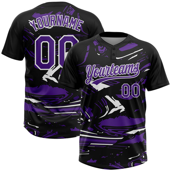 Custom Black Purple-White Raglan Sleeves Abstract Fluid Marble Two-Button Unisex Softball Jersey