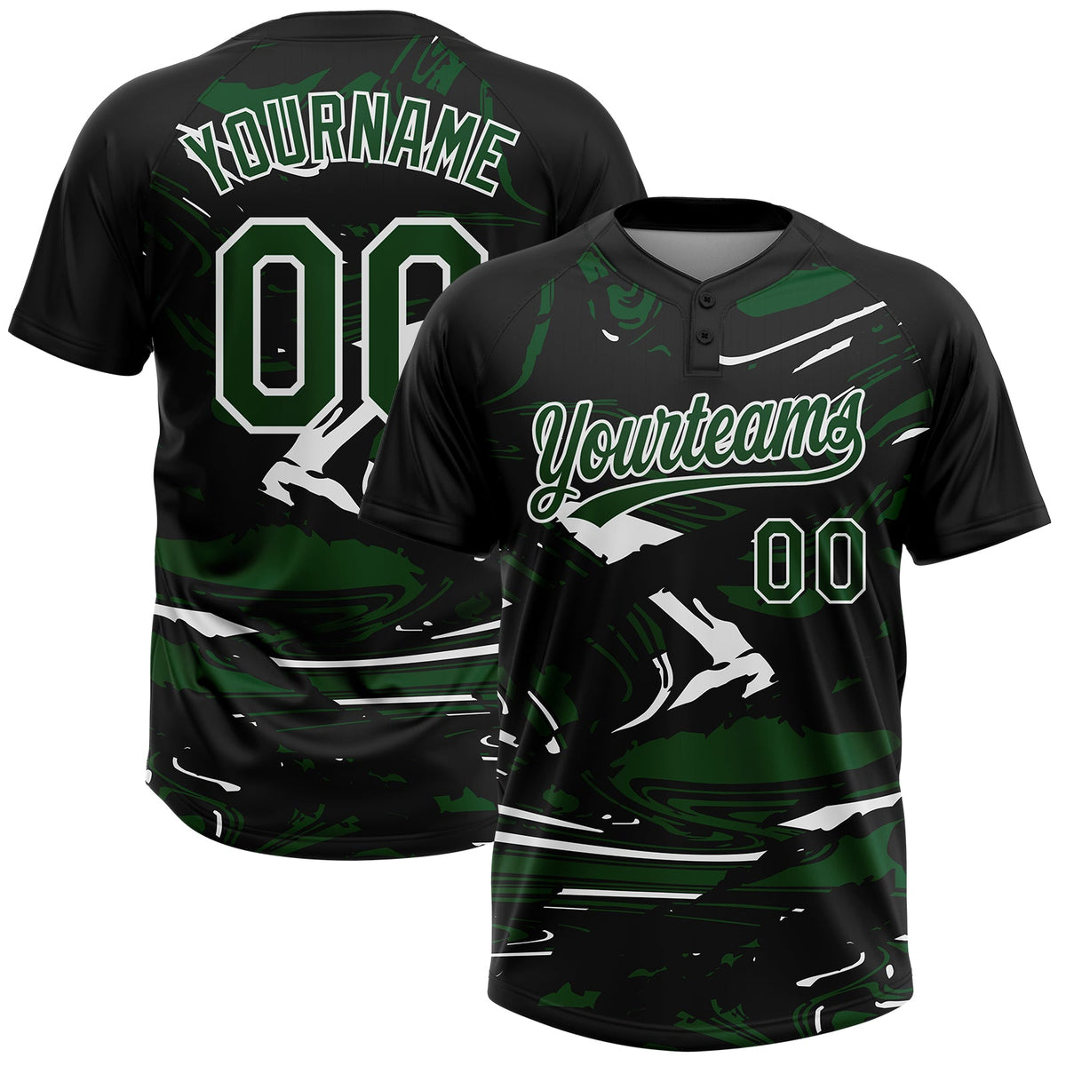 Custom Black Green-White Raglan Sleeves Abstract Fluid Marble Two-Button Unisex Softball Jersey