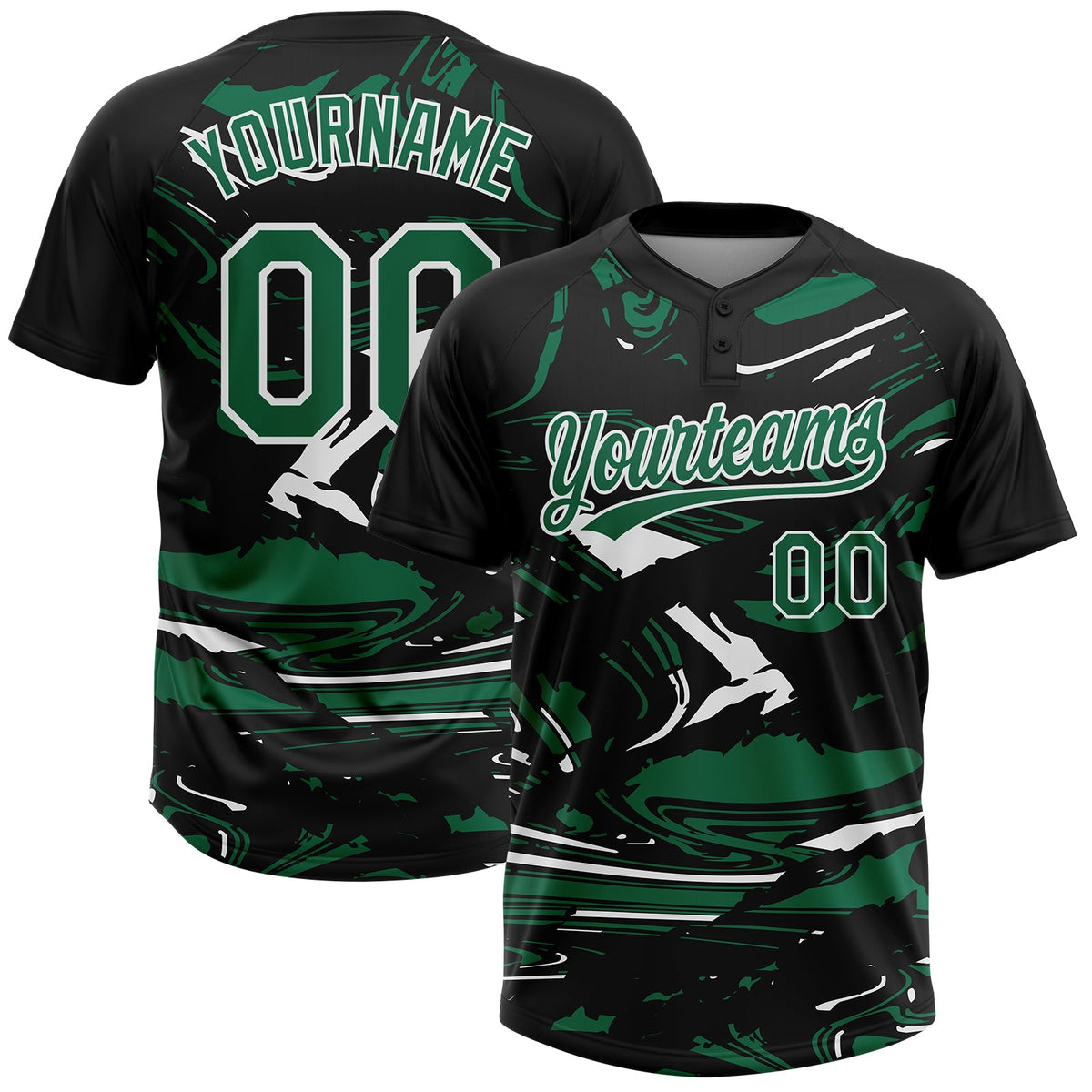 Custom Black Kelly Green-White Raglan Sleeves Abstract Fluid Marble Two-Button Unisex Softball Jersey