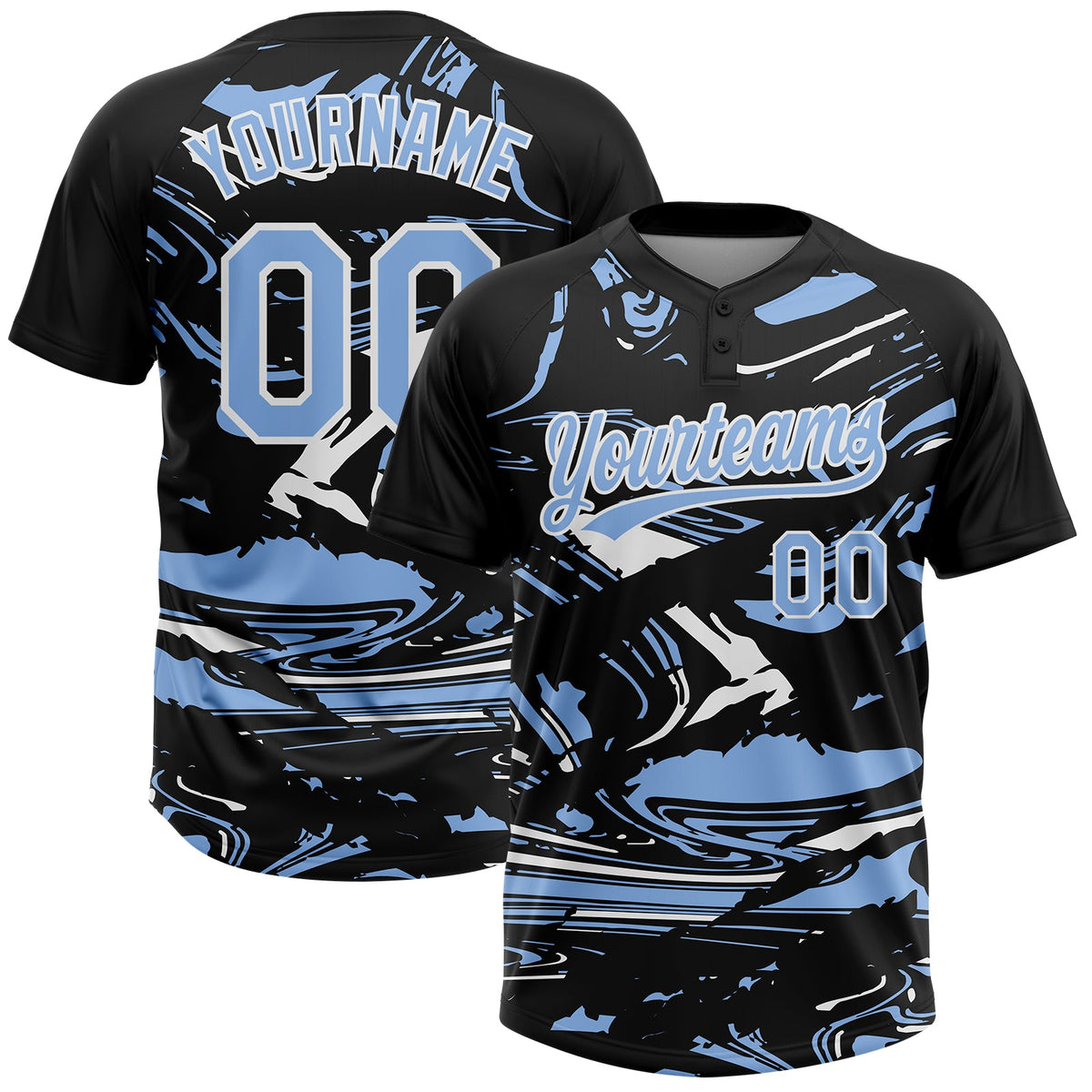 Custom Black Light Blue-White Raglan Sleeves Abstract Fluid Marble Two-Button Unisex Softball Jersey