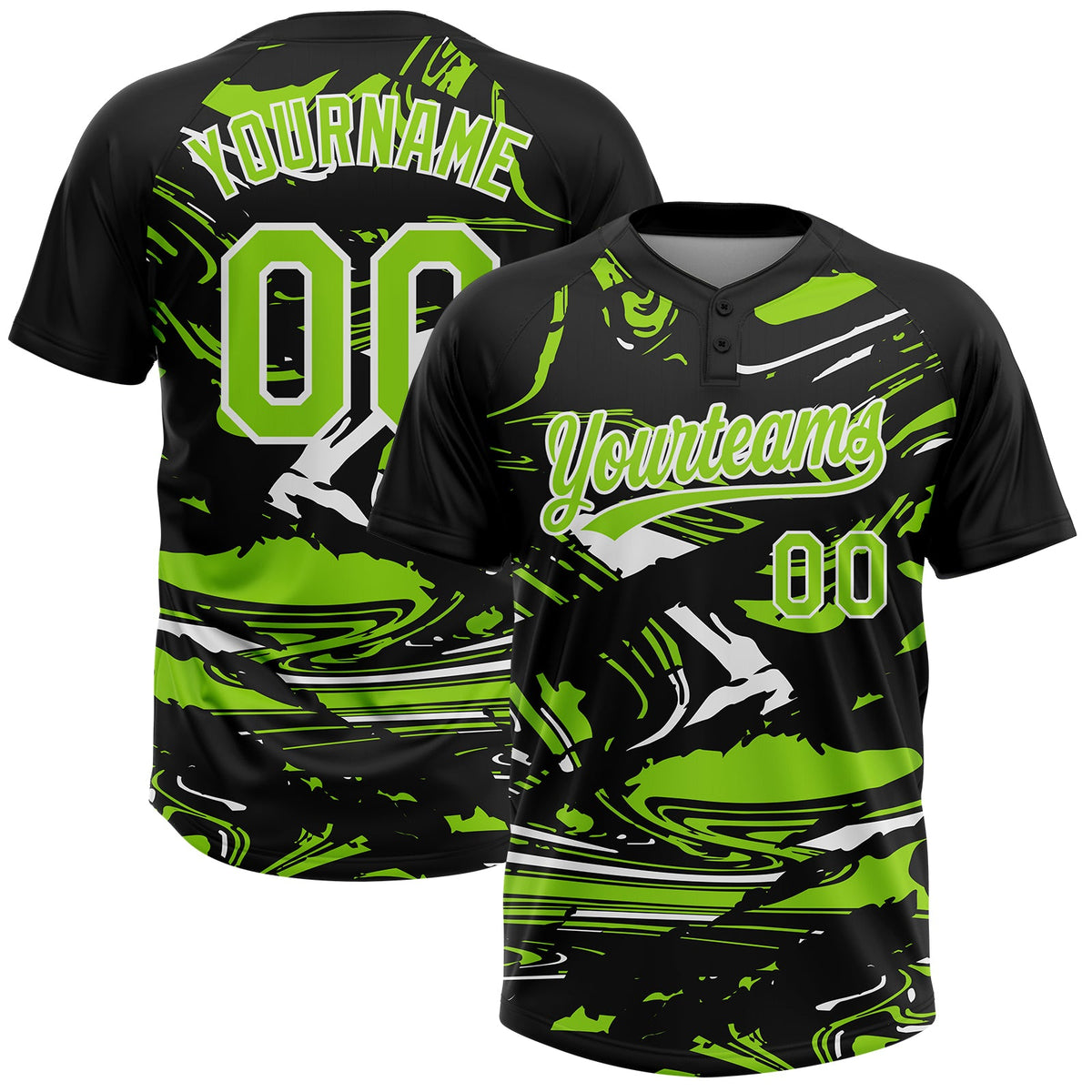 Custom Black Neon Green-White Raglan Sleeves Abstract Fluid Marble Two-Button Unisex Softball Jersey