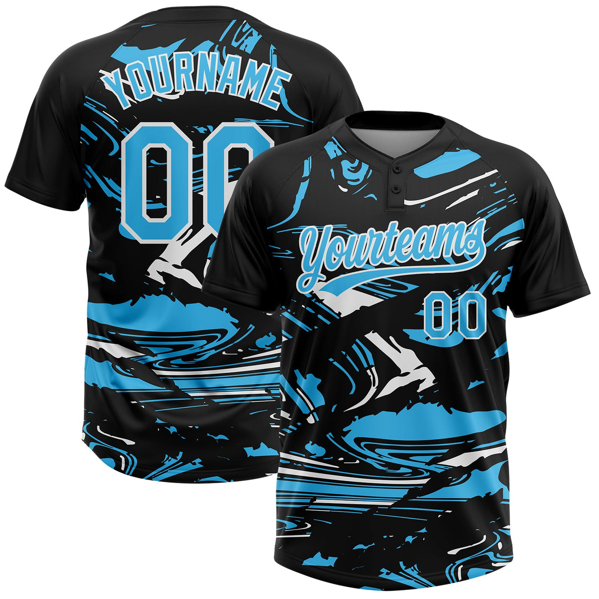 Custom Black Sky Blue-White Raglan Sleeves Abstract Fluid Marble Two-Button Unisex Softball Jersey
