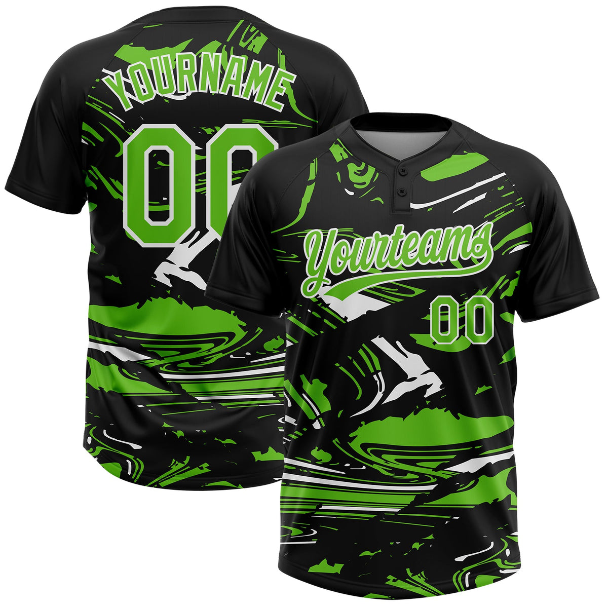 Custom Black Aurora Green-White Raglan Sleeves Abstract Fluid Marble Two-Button Unisex Softball Jersey