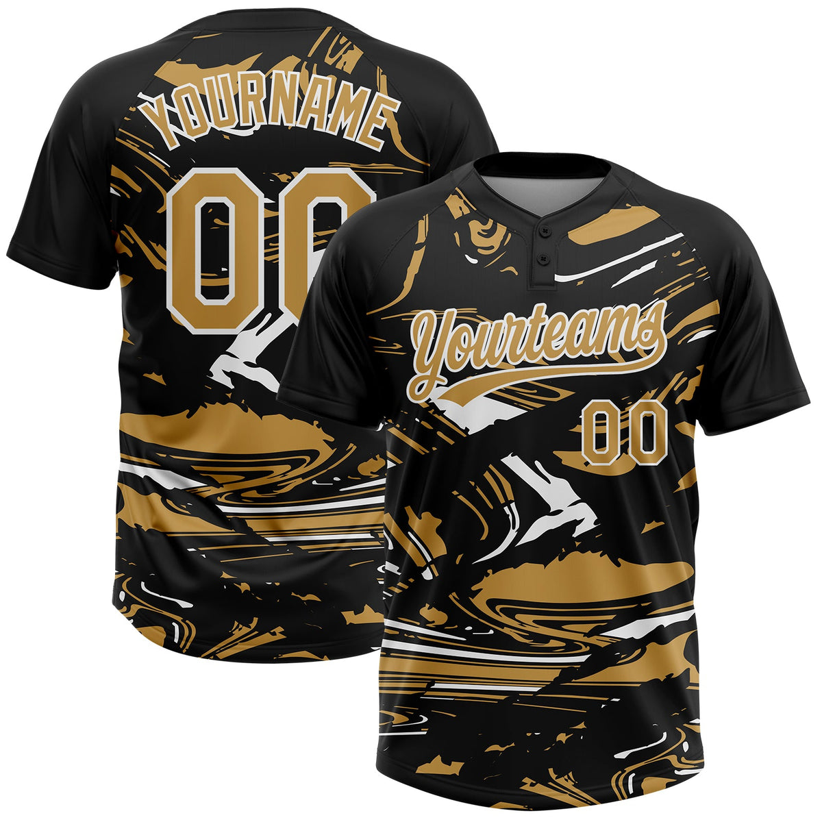 Custom Black Old Gold-White Raglan Sleeves Abstract Fluid Marble Two-Button Unisex Softball Jersey