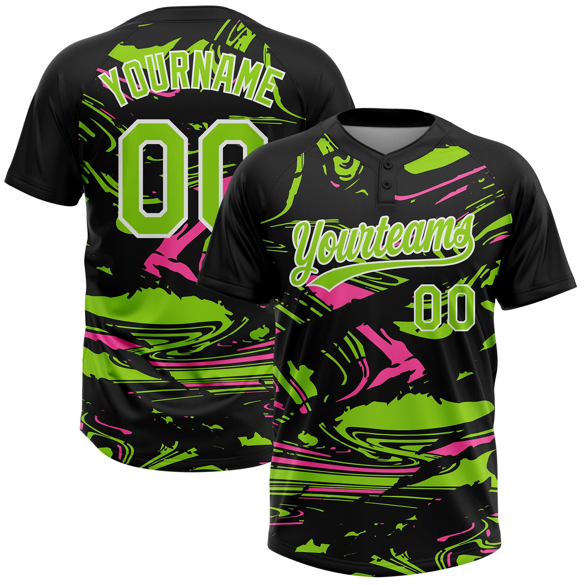 Custom Black Neon Green Pink-White Raglan Sleeves Abstract Fluid Marble Two-Button Unisex Softball Jersey