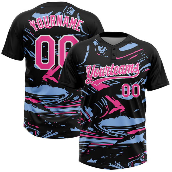 Custom Black Pink Light Blue-White Raglan Sleeves Abstract Fluid Marble Two-Button Unisex Softball Jersey