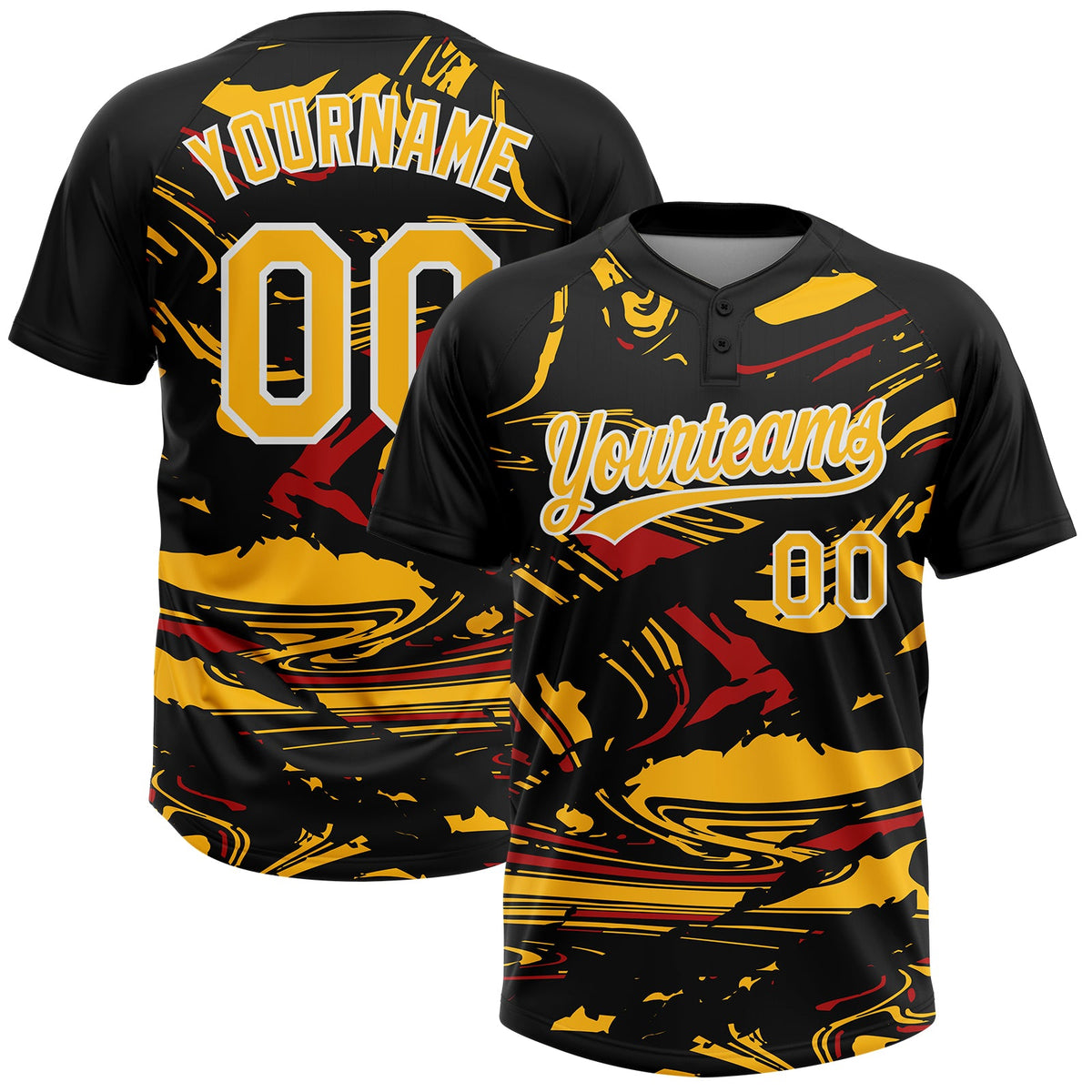Custom Black Gold Red-White Raglan Sleeves Abstract Fluid Marble Two-Button Unisex Softball Jersey