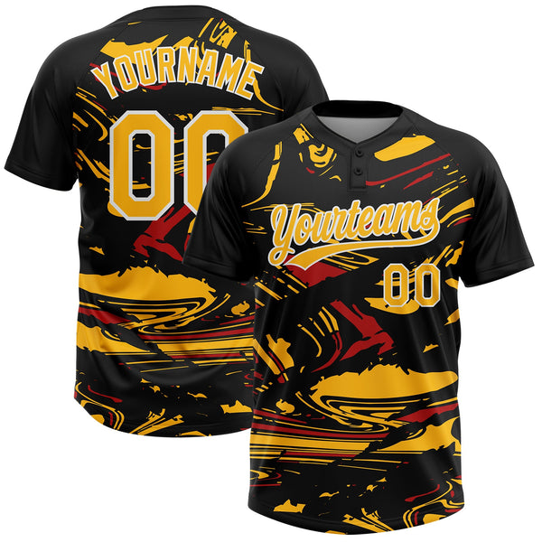 Custom Black Gold Red-White Raglan Sleeves Abstract Fluid Marble Two-Button Unisex Softball Jersey