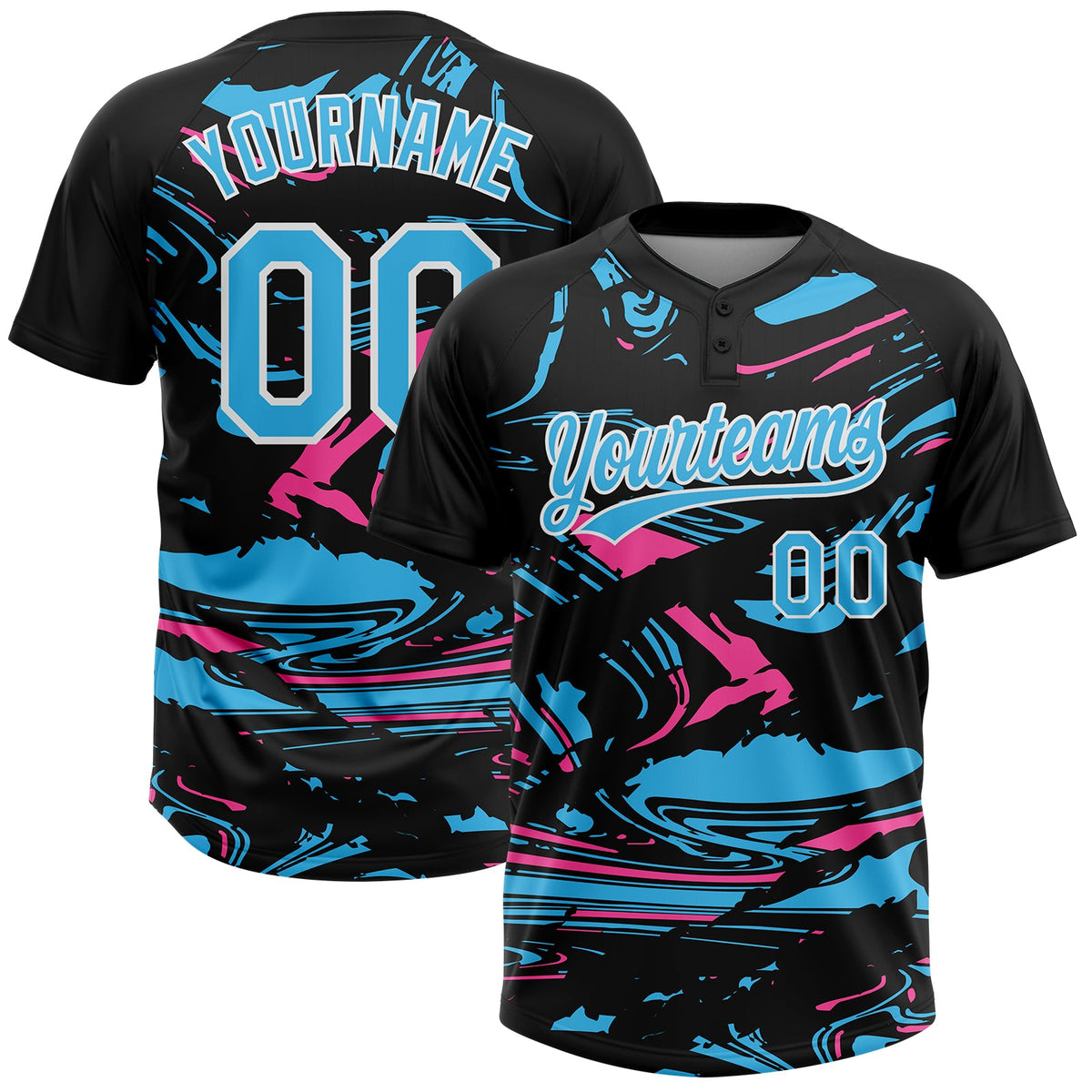 Custom Black Sky Blue Pink-White Raglan Sleeves Abstract Fluid Marble Two-Button Unisex Softball Jersey