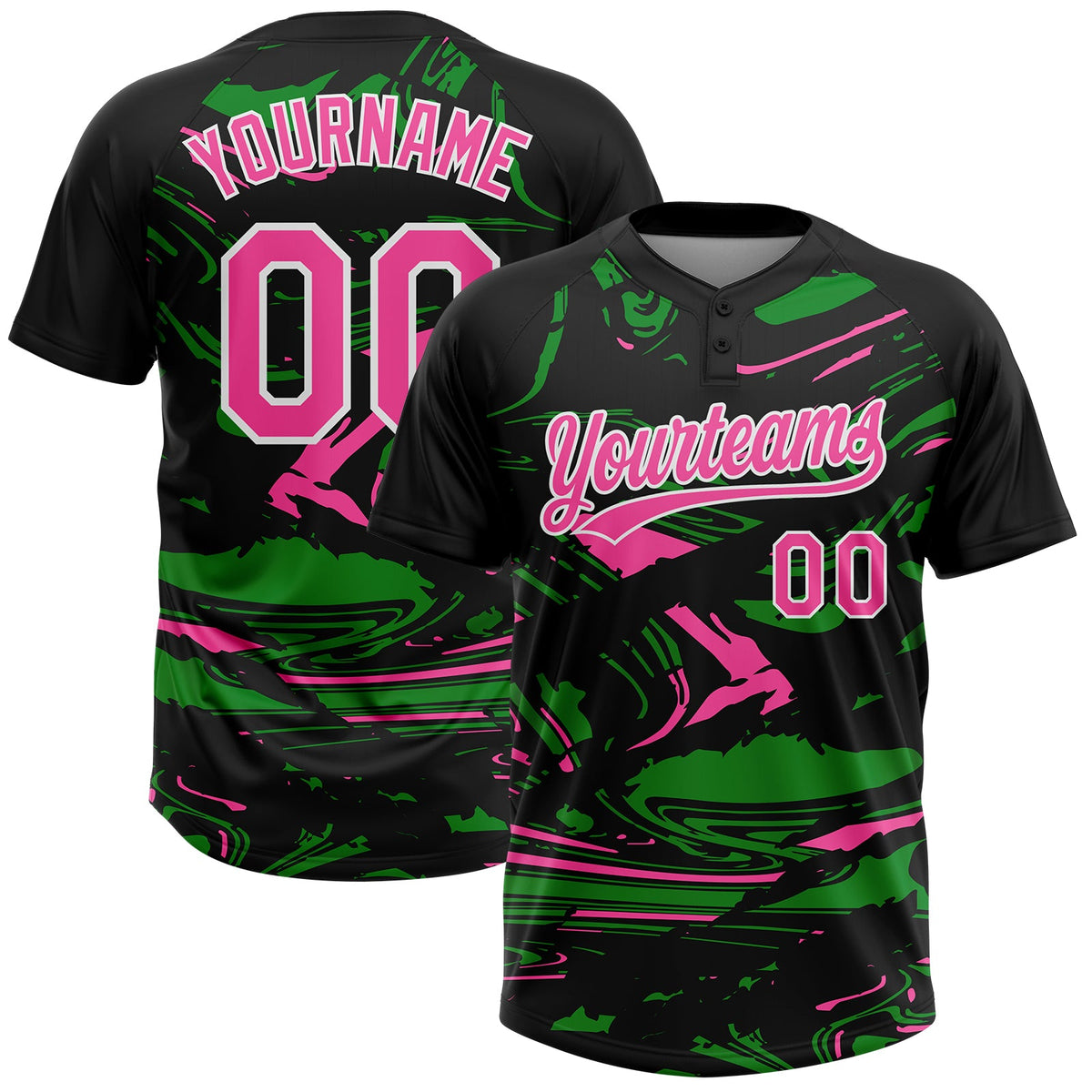 Custom Black Pink Grass Green-White Raglan Sleeves Abstract Fluid Marble Two-Button Unisex Softball Jersey