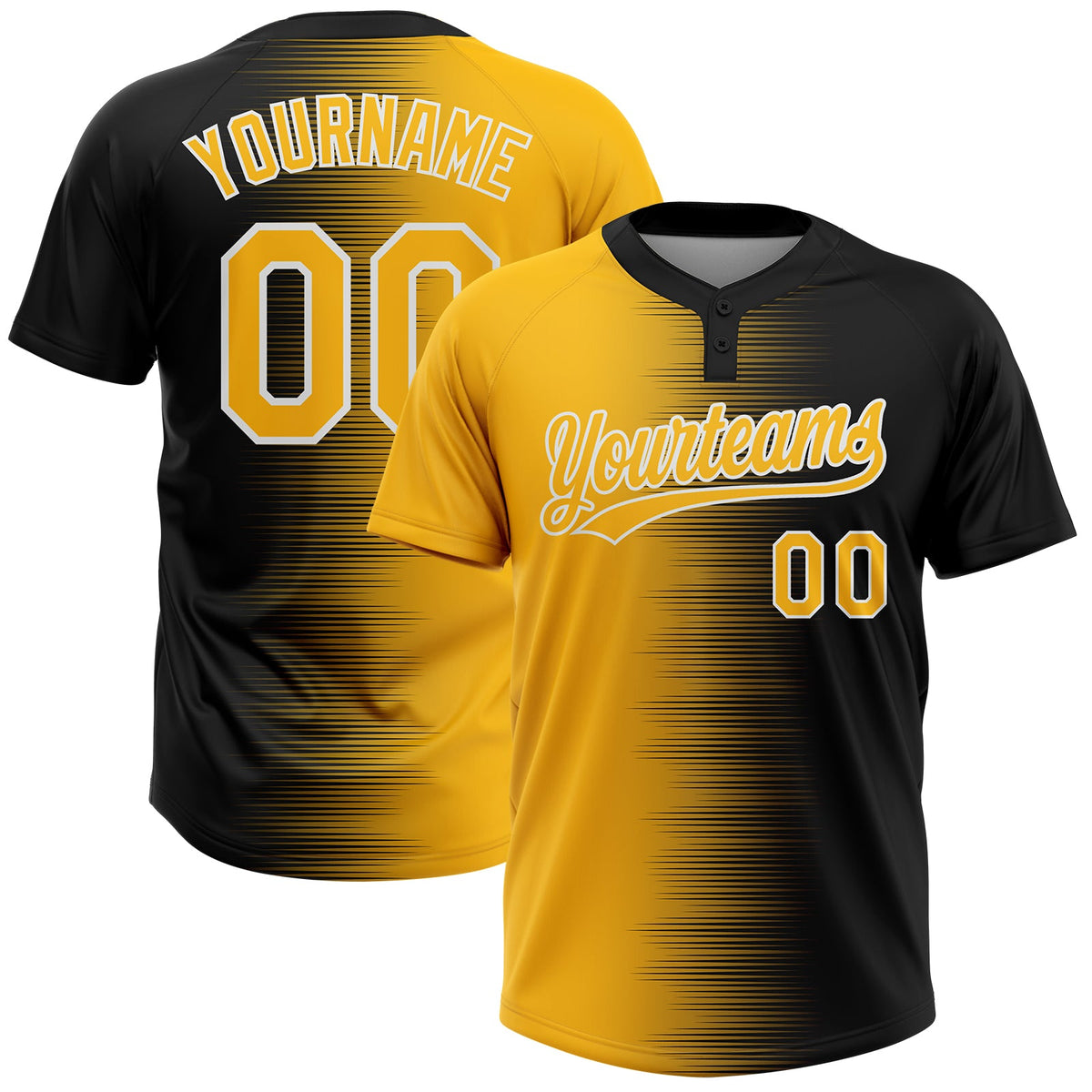 Custom Black Gold-White Gradient Horizontal Stripe Two-Button Unisex Softball Jersey