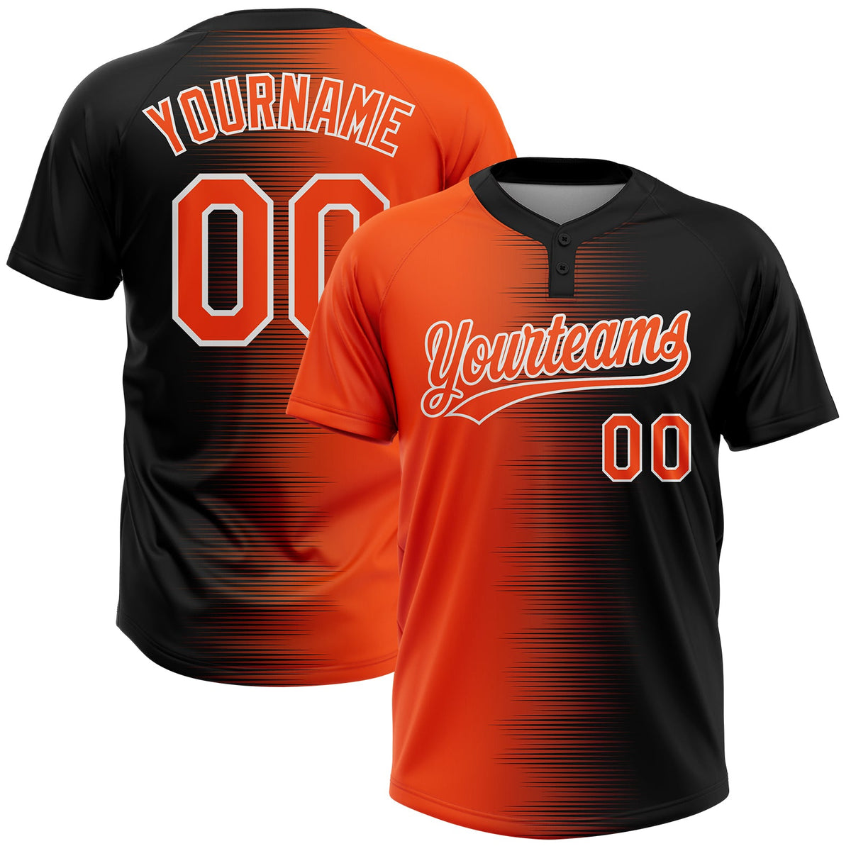 Custom Black Orange-White Gradient Horizontal Stripe Two-Button Unisex Softball Jersey