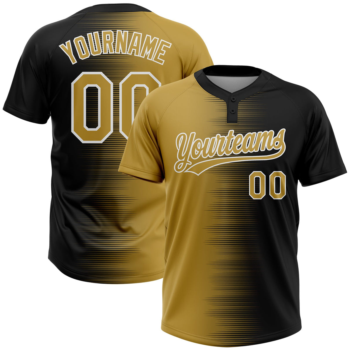 Custom Black Old Gold-White Gradient Horizontal Stripe Two-Button Unisex Softball Jersey