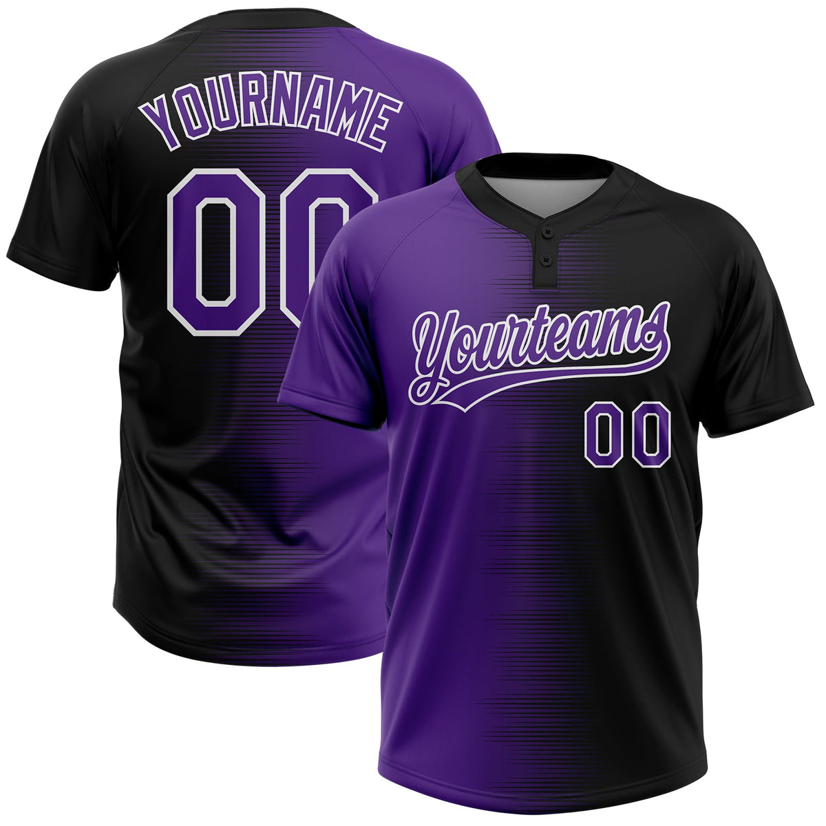 Custom Black Purple-White Gradient Horizontal Stripe Two-Button Unisex Softball Jersey