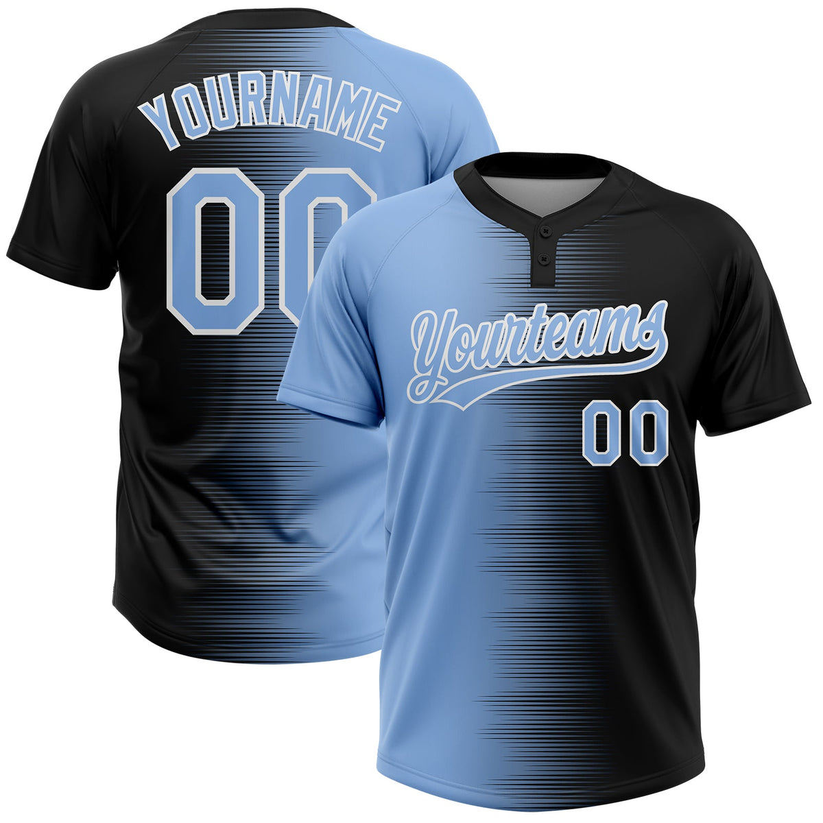 Custom Black Light Blue-White Gradient Horizontal Stripe Two-Button Unisex Softball Jersey