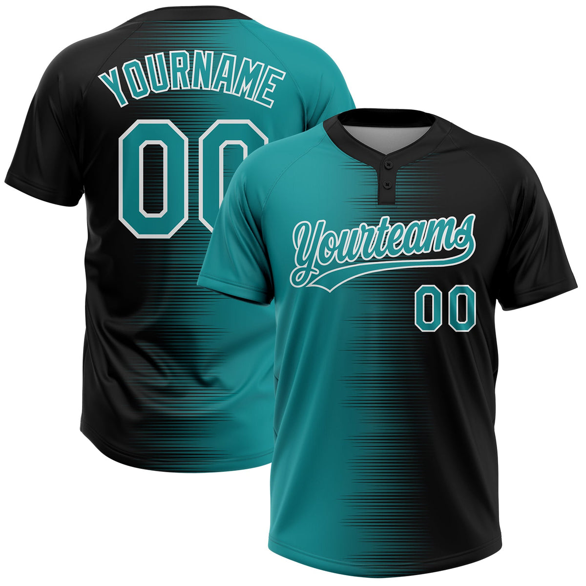 Custom Black Teal-White Gradient Horizontal Stripe Two-Button Unisex Softball Jersey