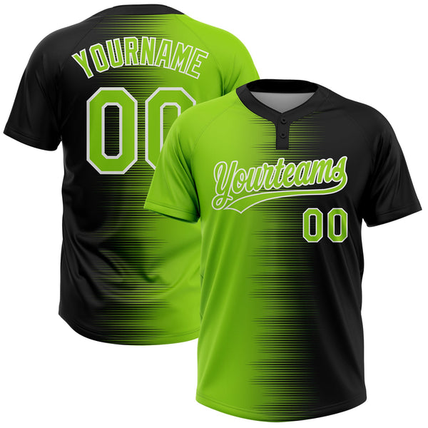 Custom Black Neon Green-White Gradient Horizontal Stripe Two-Button Unisex Softball Jersey