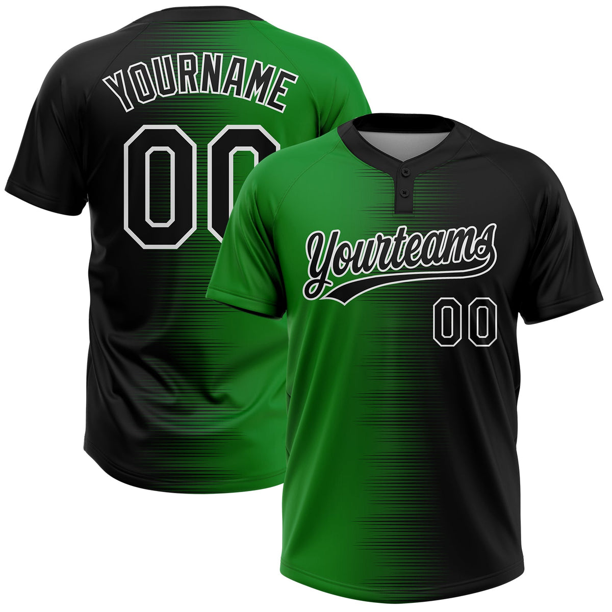Custom Black Grass Green-White Gradient Horizontal Stripe Two-Button Unisex Softball Jersey