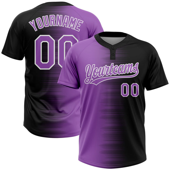 Custom Black Purple Medium Purple-White Gradient Horizontal Stripe Two-Button Unisex Softball Jersey