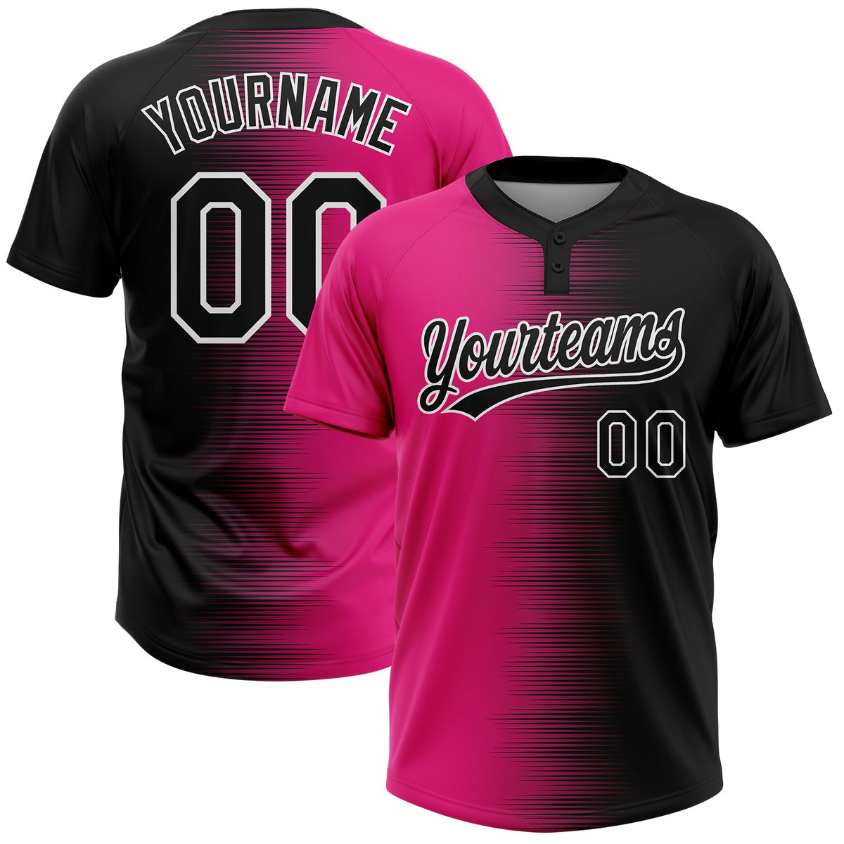 Custom Black Hot Pink-White Gradient Horizontal Stripe Two-Button Unisex Softball Jersey