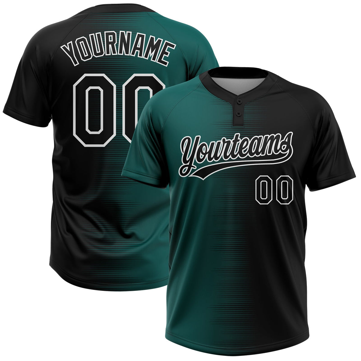 Custom Black Midnight Green-White Gradient Horizontal Stripe Two-Button Unisex Softball Jersey