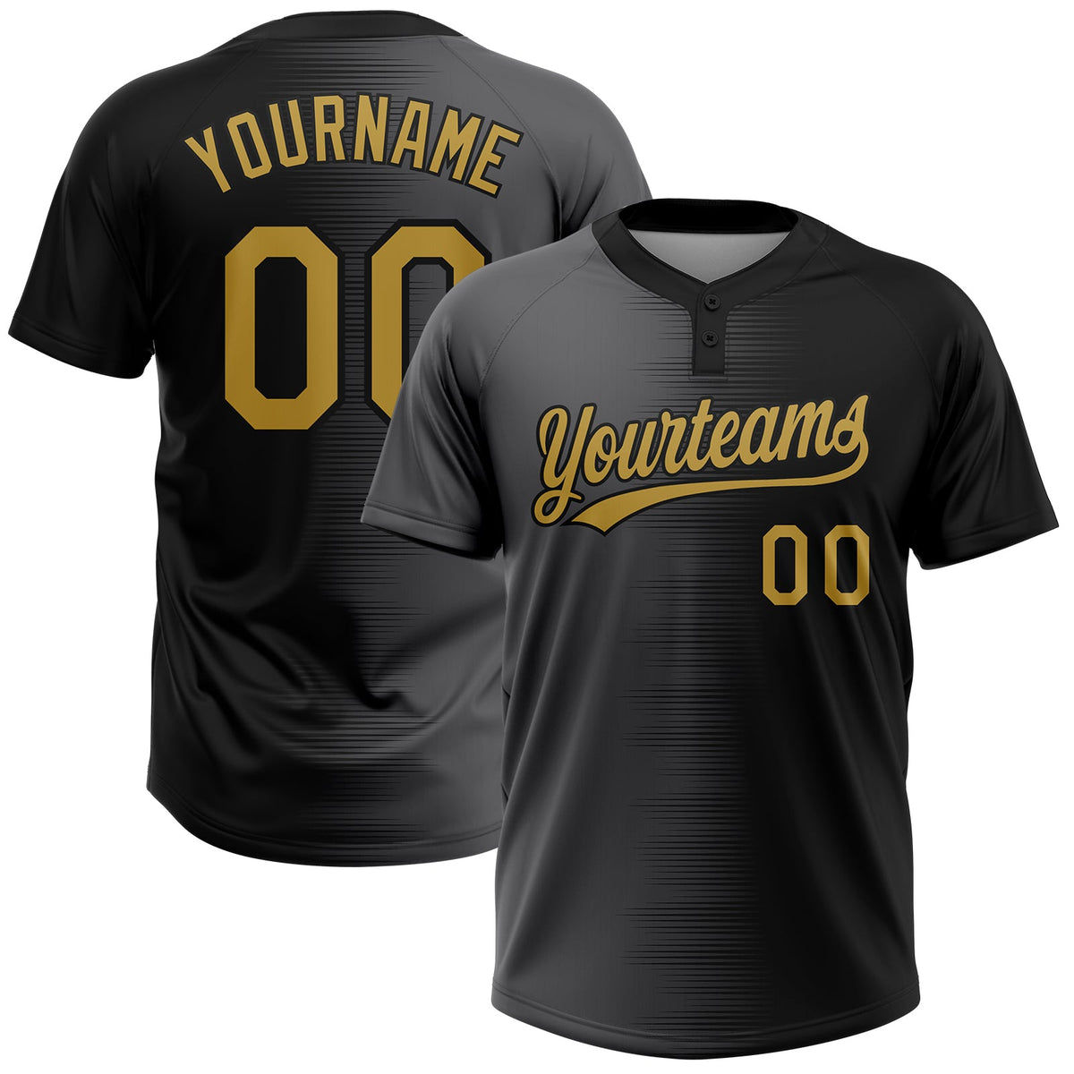 Custom Black Old Gold-Gray Gradient Horizontal Stripe Two-Button Unisex Softball Jersey