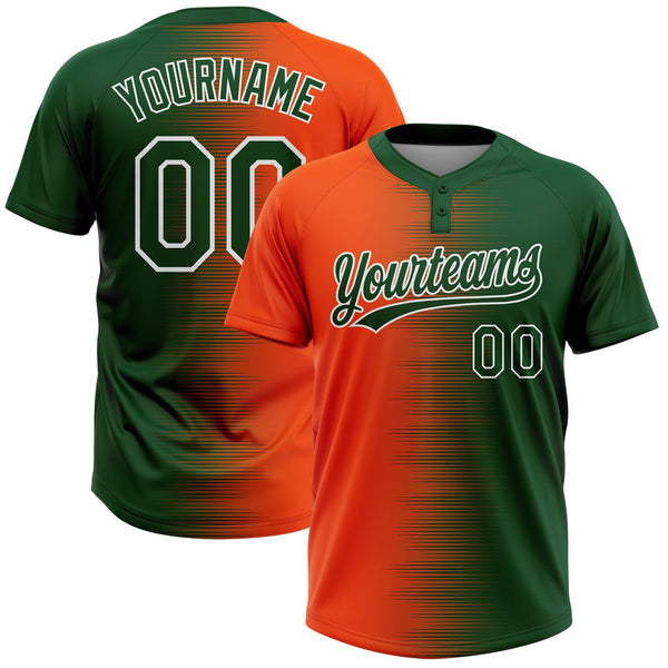 Custom Green Orange-White Gradient Horizontal Stripe Two-Button Unisex Softball Jersey
