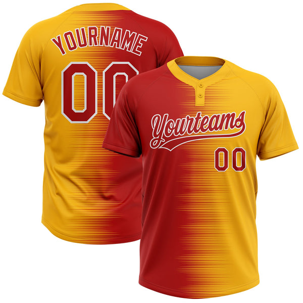 Custom Gold Red-White Gradient Horizontal Stripe Two-Button Unisex Softball Jersey