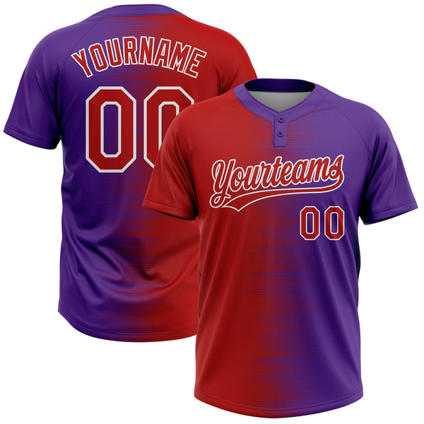 Custom Red Purple-White Gradient Horizontal Stripe Two-Button Unisex Softball Jersey