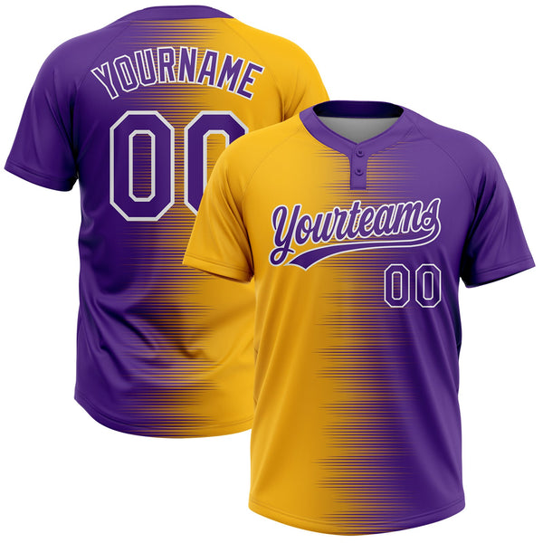 Custom Gold Purple-White Gradient Horizontal Stripe Two-Button Unisex Softball Jersey