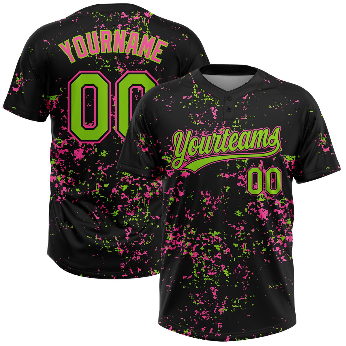 Custom Black Neon Green-Pink Abstract Shattered Paint Splatter Two-Button Unisex Softball Jersey