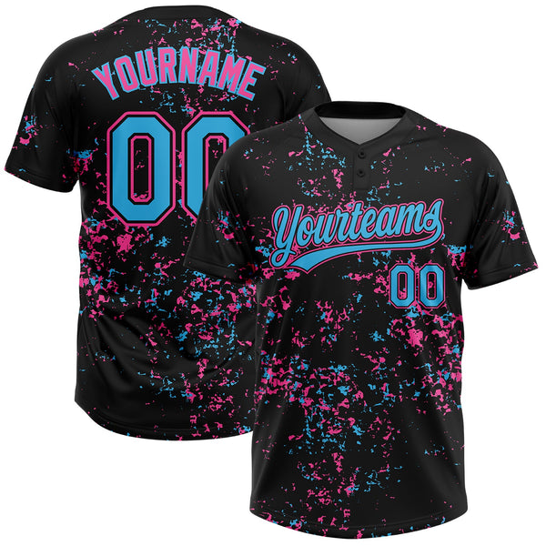 Custom Black Sky Blue Pink-Light Blue Abstract Shattered Paint Splatter Two-Button Unisex Softball Jersey