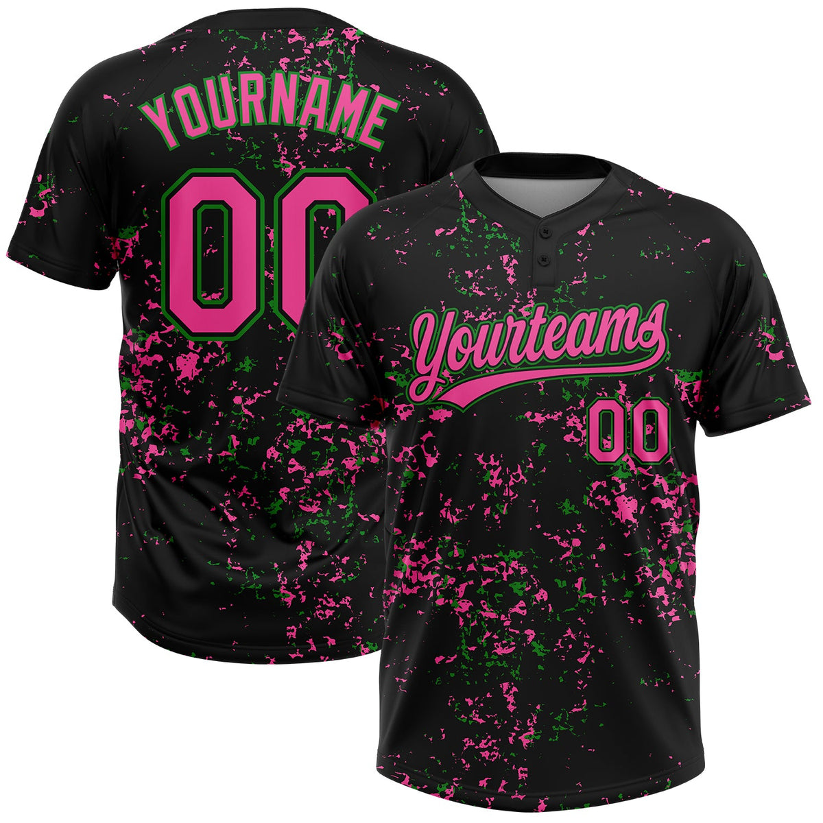 Custom Black Pink-Grass Green Abstract Shattered Paint Splatter Two-Button Unisex Softball Jersey