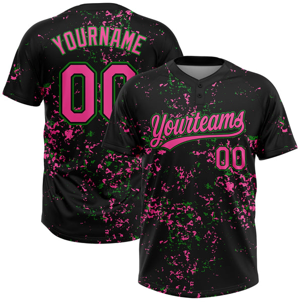Custom Black Pink-Grass Green Abstract Shattered Paint Splatter Two-Button Unisex Softball Jersey