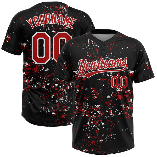 Custom Black Red-White Abstract Shattered Paint Splatter Two-Button Unisex Softball Jersey