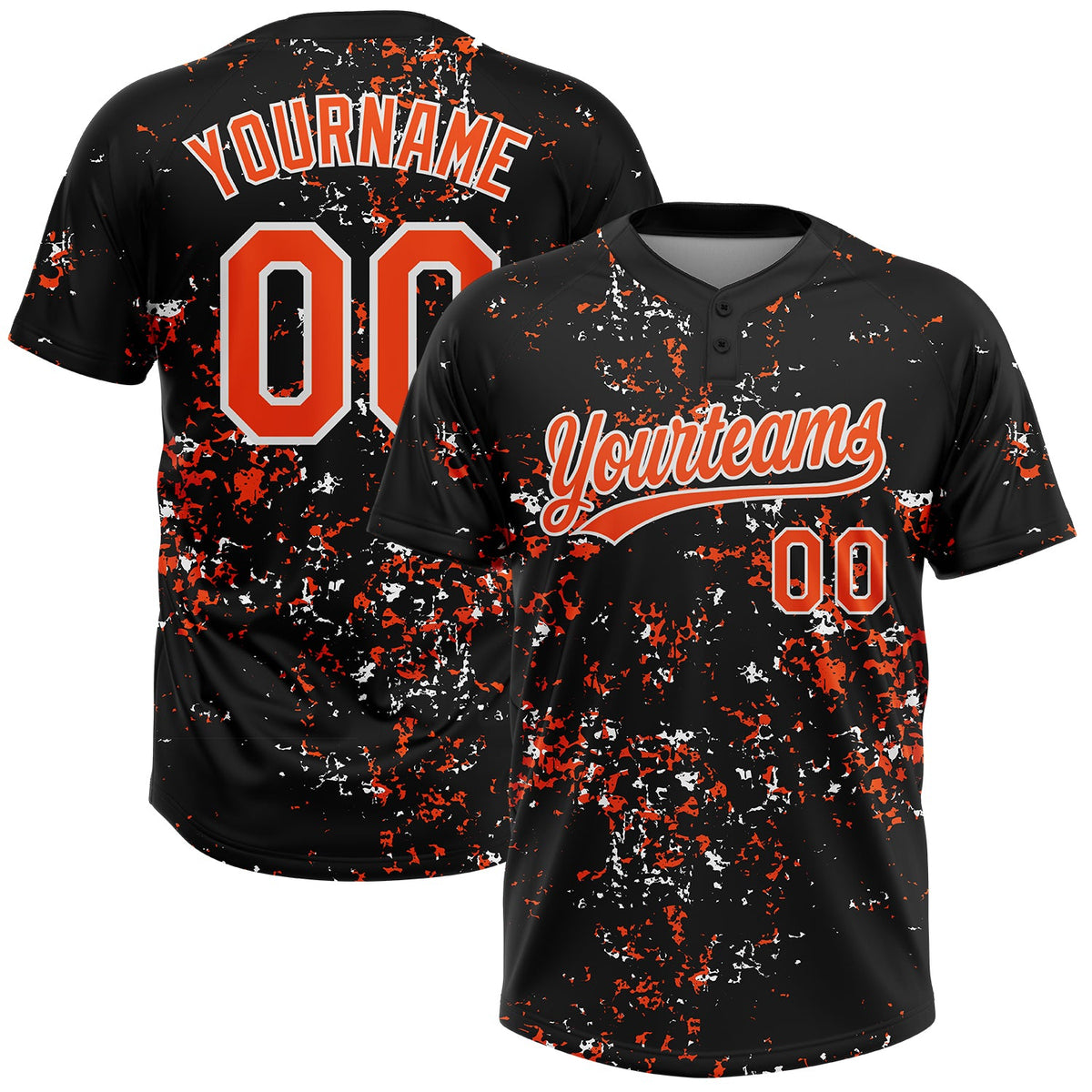 Custom Black Orange-White Abstract Shattered Paint Splatter Two-Button Unisex Softball Jersey