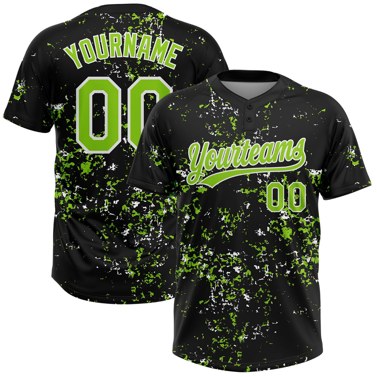 Custom Black Neon Green-White Abstract Shattered Paint Splatter Two-Button Unisex Softball Jersey