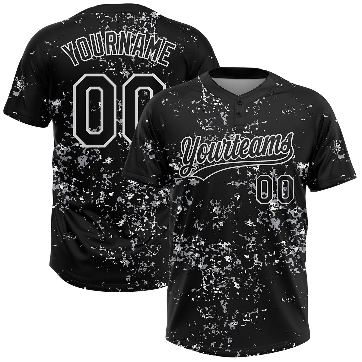 Custom Black White-Light Gray Abstract Shattered Paint Splatter Two-Button Unisex Softball Jersey