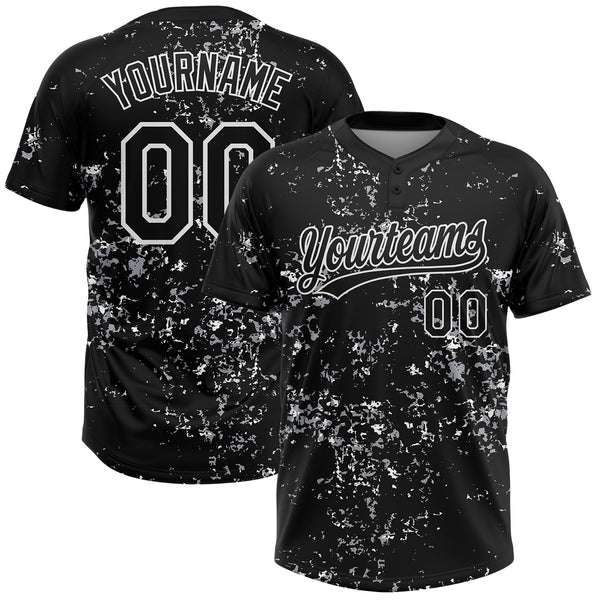 Custom Black White-Light Gray Abstract Shattered Paint Splatter Two-Button Unisex Softball Jersey